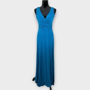 Coco USA Jersey Knit Maxi Dress Size M Teal Blue Gathered‎ Bodice Stretchy Flowy